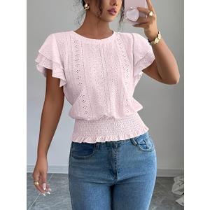 Women's Eyelet Embroidered Smocked Waist Top | Ruffle Short Sleeve Round Neck Casual T-Shirt 2026 Fashionable Clothing. (5X-Large, Pink)