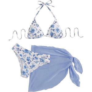 SHENHE Women's 3 Piece Polka Dots Floral Bikini Set with Wrap Coverup Halter Triangle Swimsuits, Medium