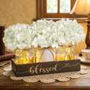 Farmhouse Mason Jar Table Centerpiece with White Hydrangea Flowers, Lighted Artificial Floral Arrangement with Wood Tray, Rustic Table Decor for Kitchen Coffee Table Living Room Home