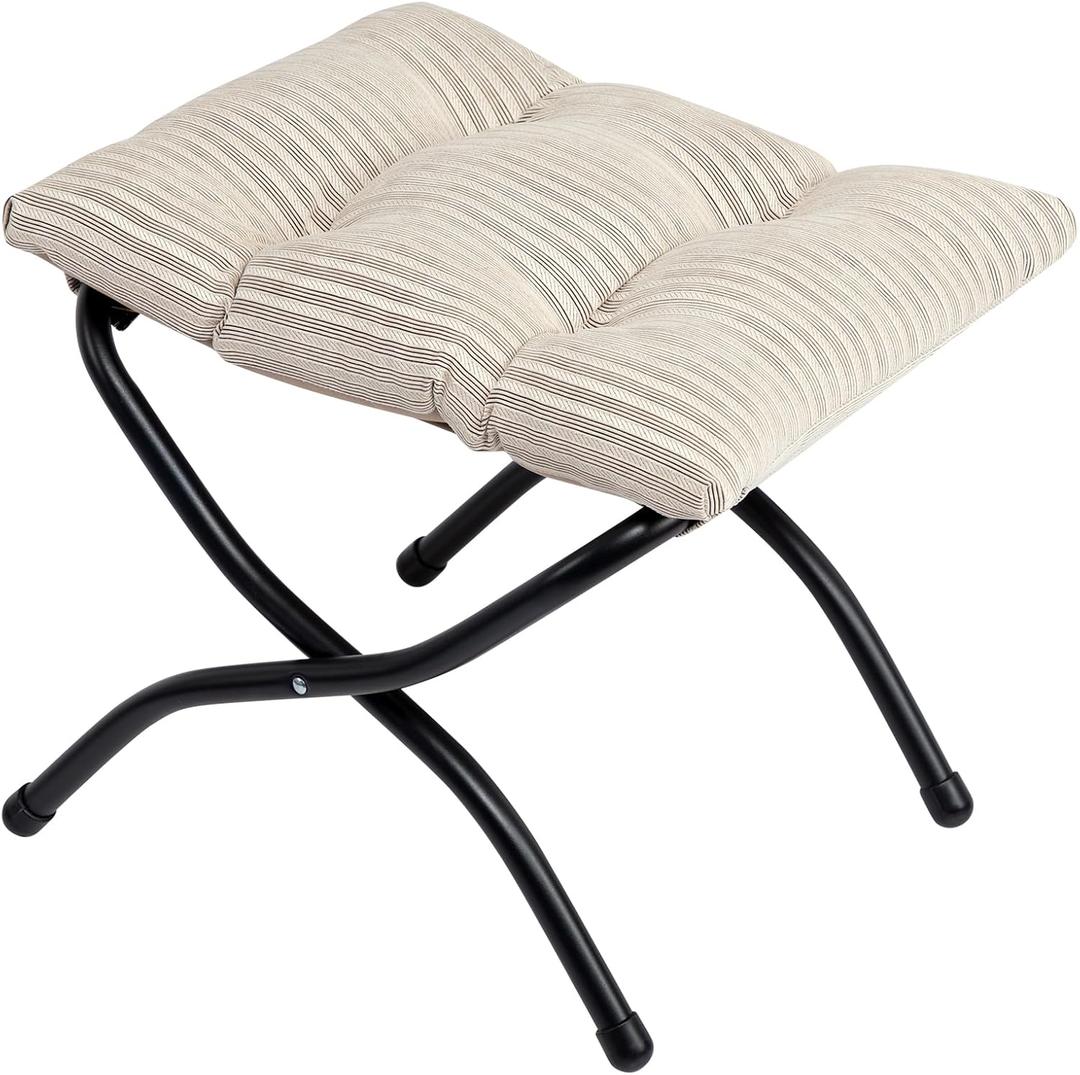 HollyHOME 15"(H) Folding Footrest Stool, Upholstered Small Foldable Ottoman, Accent Padded Sofa Foot Stool for Lazy Chair, Metal Frame Portable Foot Rest Ottoman for Living Room, Bedroom, Beige Stripe