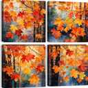 Maple Leaf Wall Art Living Room Country Botanical Pictures Aesthetic Watercolor Red Yellow Plant Leaves Canvas Prints Artwork Burnt Orange Forest Painting for Bedroom Kitchen Home Decoration 12x12 4P