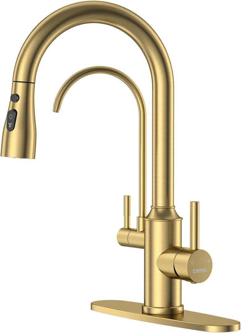 DAYONE Gold Kitchen Faucet with Drinking Purified Water Faucet, High Arc 3 in 1 Sink Tap Stainless Steel 1 Holes, Two-Handle 3-Way Pull Down Sprayer, (Without System)
