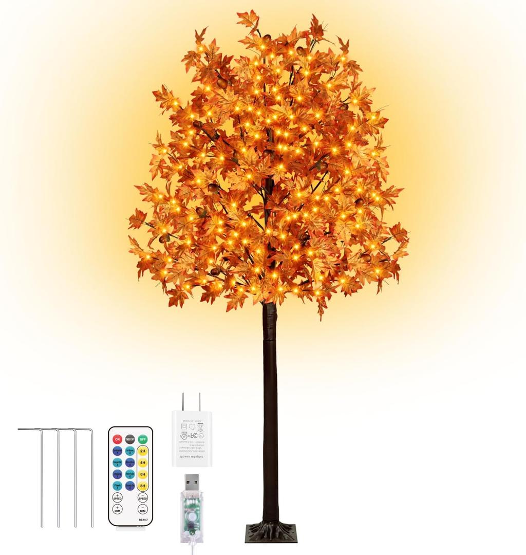 FastDeng 7Ft 170 LED Fall Prelit Maple Tree Thanksgiving Decor, Dimmable Timing 8 Flashing Modes Autumn Artificial Tree with 17 Acorns 340 Leaves for Home Indoor Outdoor Harvest Halloween Decorations