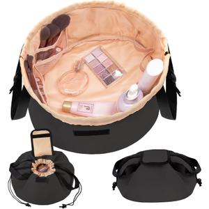Drawstring Makeup Bag Large Travel Makeup Bag,Portable Large Capacity Cosmetic Bag Toiletry Organizer for Travel Accessories Make Up Essentials,Mother Gifts (Black)