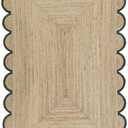 Hand Woven Farmhouse Jute Area Scalloped Rug Natural Scallop Pattern Jute Bohemian Base Green Trim Rug (Green, 2'x6')