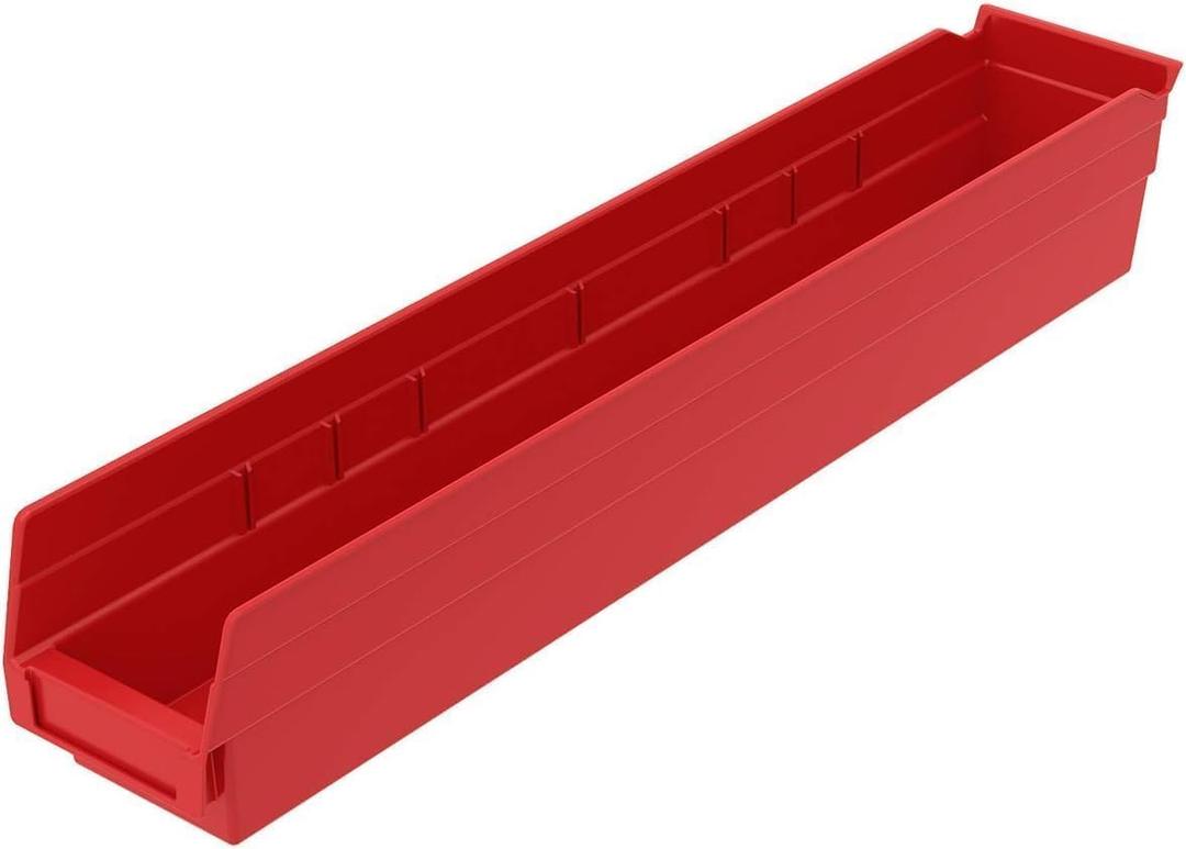 Akro-Mils 30124 Plastic Shelf Bins, Heavy Duty Storage Bins for Garage, Closet, and Drawer Organization, 24-Inch x 4-Inch x 4-Inch, Red, 12-Pack