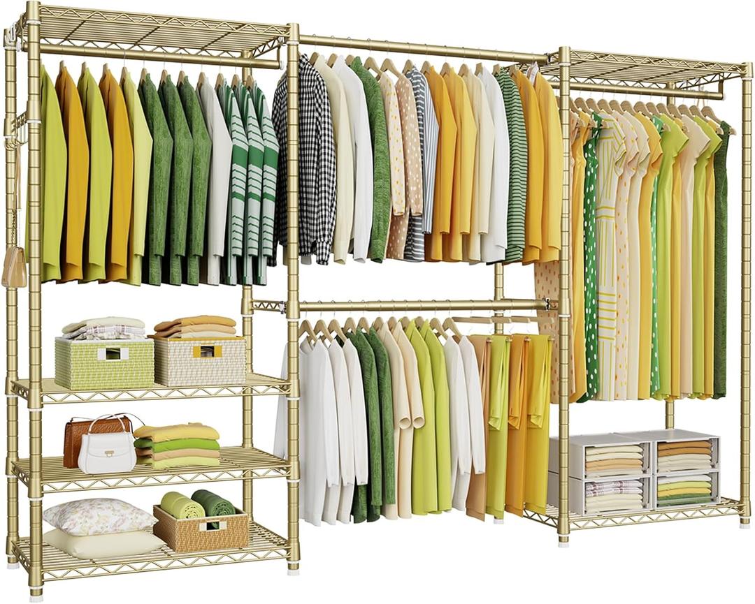 Ulif E1 Heavy Duty Closet Garment Rack, 6 Tiers Adjustable Metal Freestanding Expandable Clothing Storage with 4 Hanger Rods, Easy to Assemble Wardrobe, 71.4" H x (70" - 88.2") L x 14" D, Gold