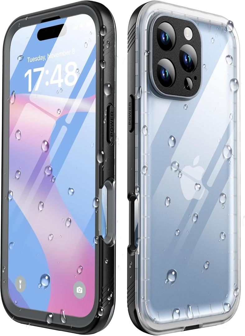 SPORTLINK for iPhone 16 Pro Max Case with Screen Protector,IP68 Underwater/6.6FT Military Dropproof/Dustproof/Heavy Duty Full Body Phone Case for Apple iPhone 16 Pro Max 6.9 inch Black/Frosted Clear