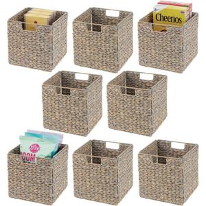 mDesign Natural Woven Hyacinth Cube Organizer Basket with Handles - Storage for Kitchen Cabinet or Pantry Shelf, Perfect for Cubby Storage Units, Holds Snacks or Small Appliances, 8 Pack, Gray Wash