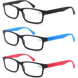 MODFANS Reading Glasses Men Women 2.0 Strength Readers Eyeglasses Square Matte Comfort Feel Spring Hinge 3 Pack Mix Color Black Red Blue