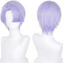 Half and Half Polyester Cosplay Wig Short Light Purple Anime Wig with Bangs Purple Side Part Synthetic Hair for Men Women Halloween Party
