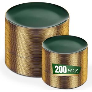 bUCLA 200PCS Green Plastic Plates - Green Disposable with Gold Rim Include 100 Dinner 10 inch & 100 Dessert 7 inch Plates, Ideal for Party & Christmas