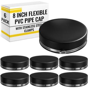 6 Pack 8 Inch Flexible PVC Pipe Cap with Stainless Steel Clamps - Black Durable End Caps for Drainage, Wastewater & Vent Pipes, Above/below Ground Use