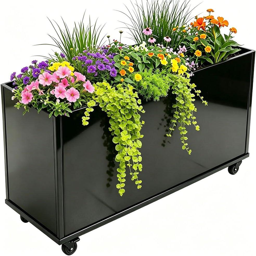 Modern Metal Planter Box, Large Rectangular Planter for Outdoor Plants - Heavy Duty Tall Planter Box with Lockable Wheels for Porch/Patio/Garden (Black, 38"x12"x25")