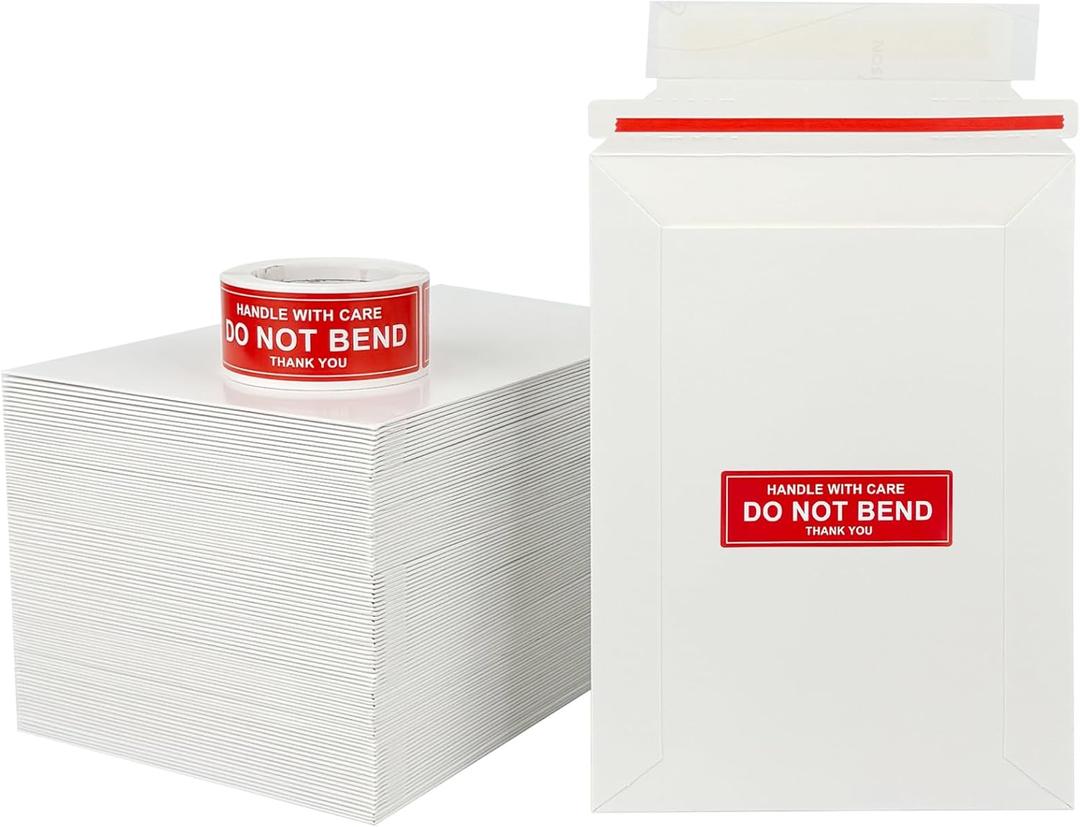 100 Pack 5x7" Cardboard Envelopes, 250GSM Thin Photo Mailers Shipping Envelope for Trading Cards with "DO NOT BEND" Labels, Small Self Seal Document Envelope - White