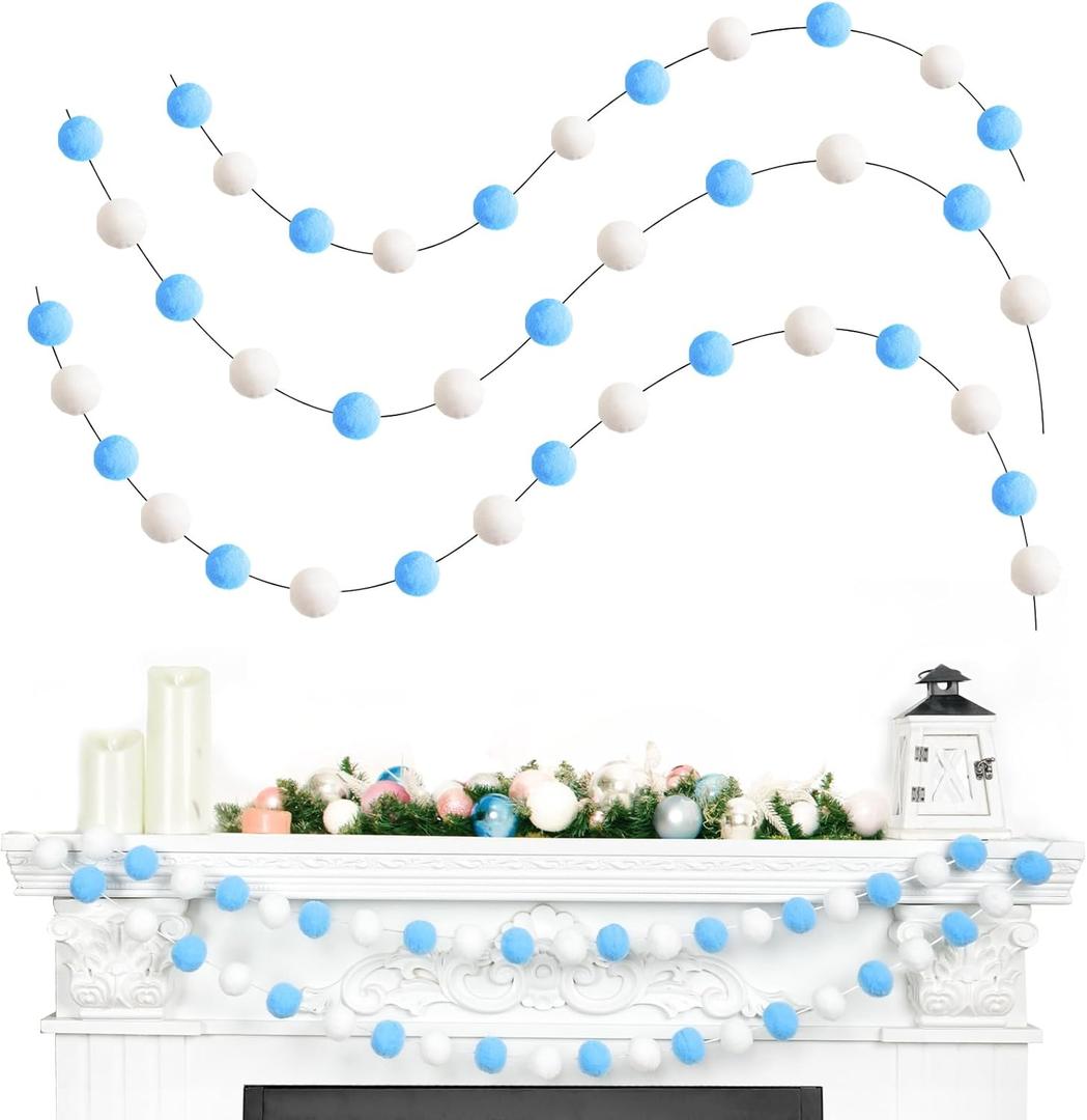 TBD Decor 3pk Blue Pom Pom Garland 20FT Colorful Large Felt Ball Garland for Mantle,Indoor Holiday Wedding Birthday Party Supplies