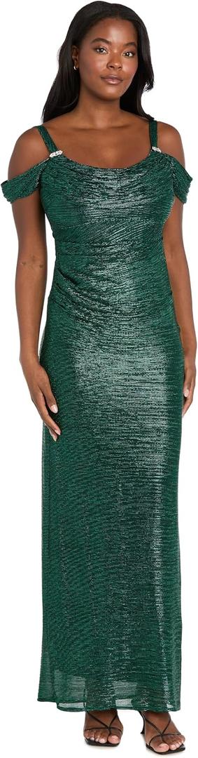 Elegant Long Crinkle Cold Shoulder Gown W/Draped Cowl Neck & Rhinestone Embellished Straps (Green, XXL) 14P