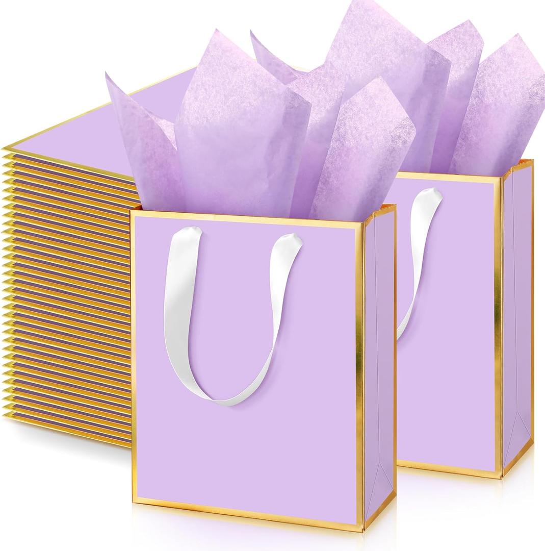 Yeaqee 50 Pack Metallic Gift Bags with Handle and Tissue Paper Gold Foil Thank You Bag for Graduation Wedding Groomsmen Bridal Baby Shower Gifts Holiday Party Favors 9x7x3.15'' (Lavender Purple)
