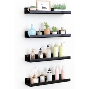 Upsimples Acrylic Shelves for Wall Decor, 15" Display Shelf Perfume Organizer for Bathroom, Bedroom, Living Room, Floating Bookshelves for Kids, Black, 4 Pack