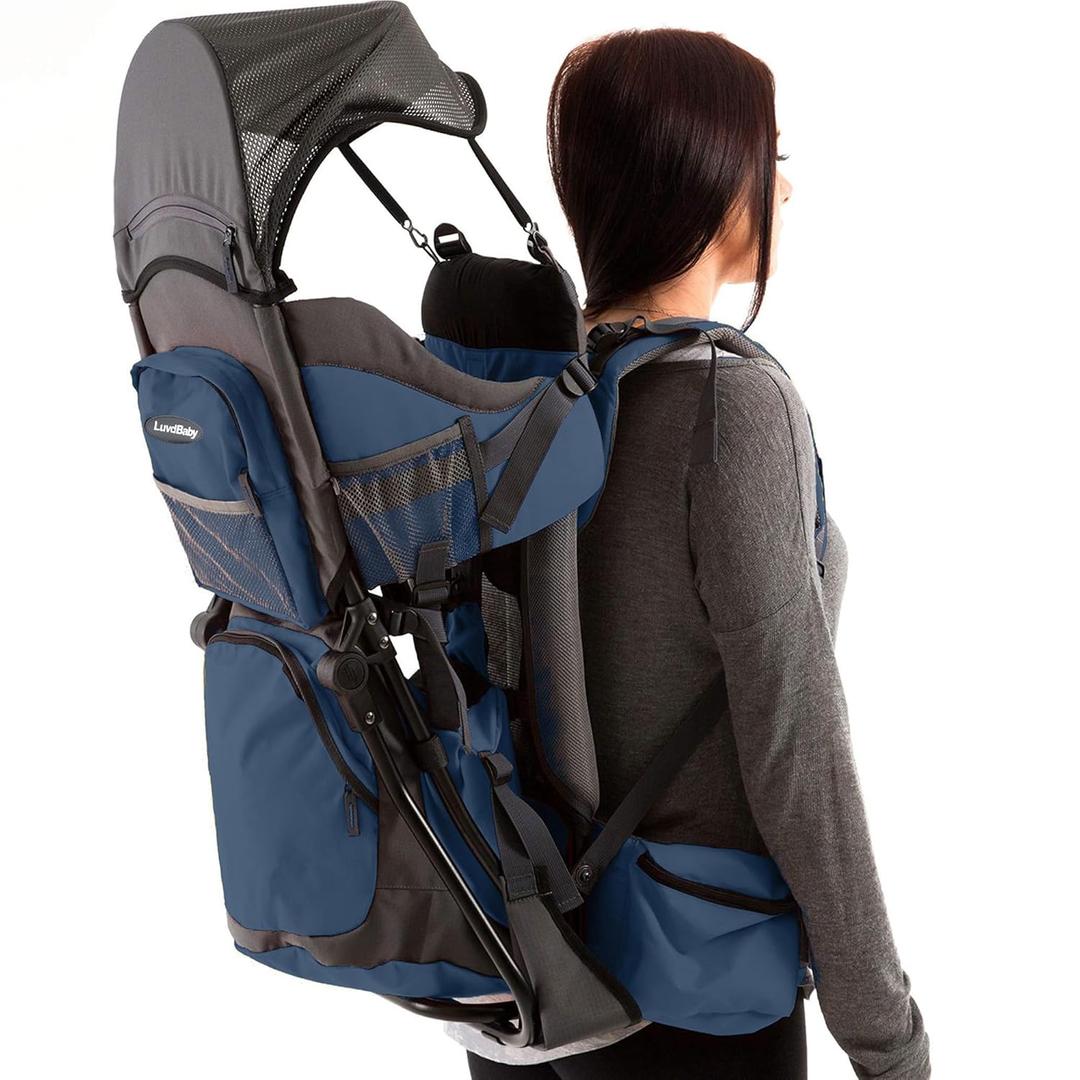 Hiking Baby Carrier Backpack - Comfortable Toddler/Baby Backpack Carrier System with Diaper Change Pad, Insulated Pocket + Rain and Sun Hood to Protect Your Child (Navy/Grey)