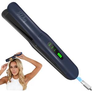 Cordless Hair Straightener, Portable Hair Straightener, Dual Voltage Travel Hair Straightener, 2-in-1 Straightener & Curler, USB-C Fast Charging, Titanium Alloy Panel, with Clips - Blue-Grey