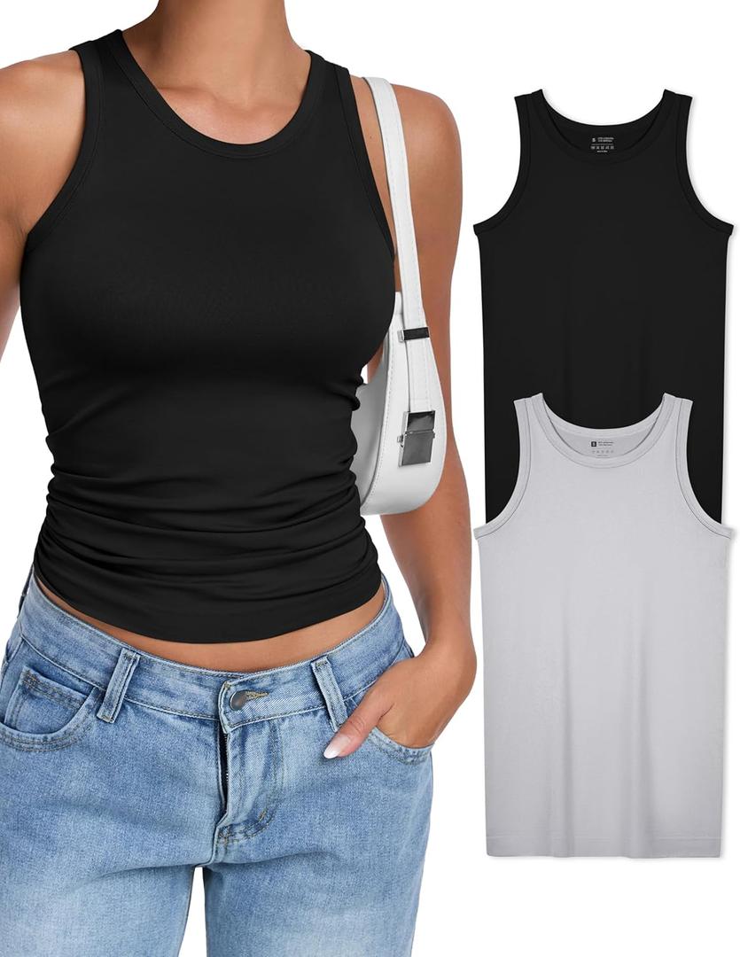 OLCHEE Womens 2PK High Neck Tank Tops Workout Long Seamless Trendy Basic Shirts Going Out Slim Fit 2025 (S)