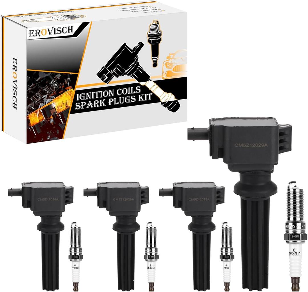 Pack 4 UF670 OEM Ignition Coil & Spark Plug - Compatible with Ford EcoSport Edge Escape Focus Explorer Fusion Mustang Taurus Lincoln MKC MKT MKZ - L4 2.0L 2.3L 2.5L - Replaces # CM5Z12029A, GN10621