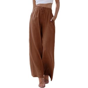 Tanming Wide Leg Linen Pants for Women Summer Flowy High Waisted Beach Palazzo Trousers (Orange, L)