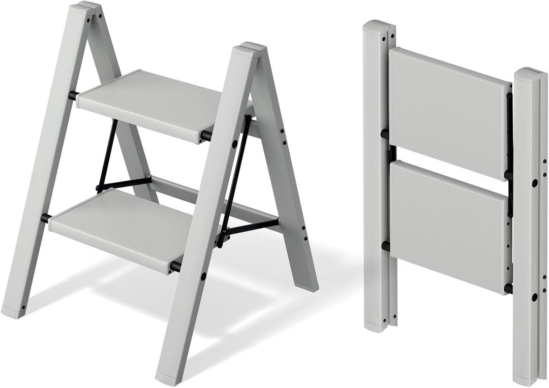 Mayi Plus 2 Step Ladder, Aluminum Folding Step Stool for Adults, Step Ladder with Wide Anti-Slip Pedal, 330 lbs Capacity for Home, Office, Kitchen, Library (Grey)