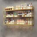 Large 39in Wine Rack with LED Lights Wall Mounted Bottle Glass Holder, 3-Tiers Liquor Floating Shelves Display Storage Organizer Hanging Long Stemware Goblet Metal for Home Bar Golden, 39"x 9.8"x 35"