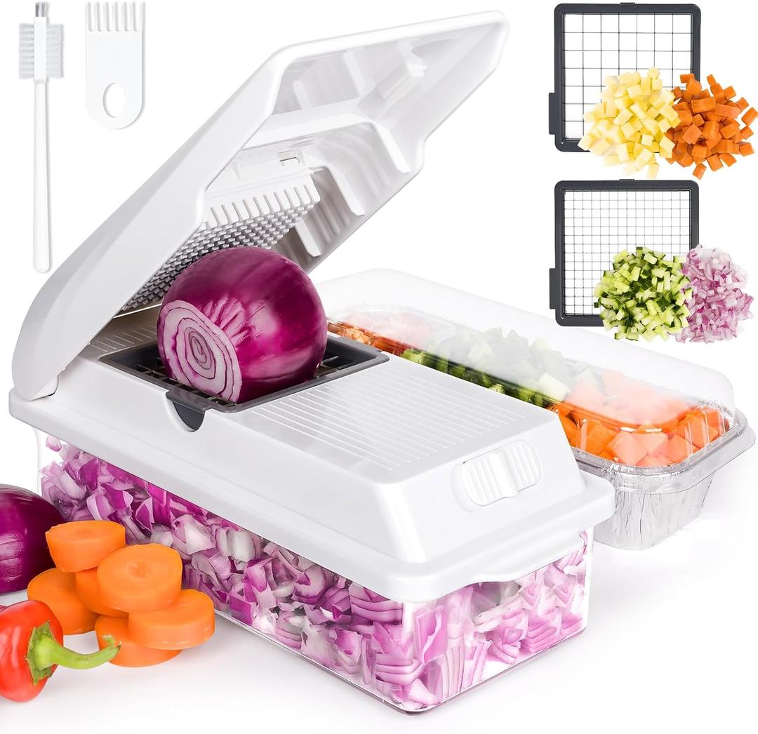 X Home Vegetable Chopper, Includes 3 Aluminum Foil Pans for Food Storage, Veggie Chopper for Cucumber, Carrots, Onion, Potatoes, Chopper Vegetable Cutter with Container, 2 in 1, Easy Cleaning, White