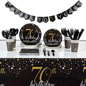 Sparkle and Bash 70th Birthday Decorations for Men & Party Supplies - 170-Piece Black & Gold Disposable Dinnerware Set, Serves 24 - Plates, Napkins & Utensils, Cups, Tablecloth & Banner