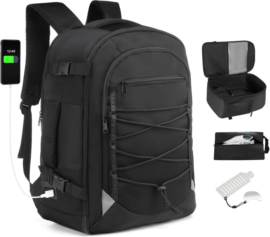 Carry on Travel Backpack, Flight Approved Personal Item Bag for Men Women, Door Lock, USB A/C Port, Shoe Bag, Fits 16" Laptop, Black