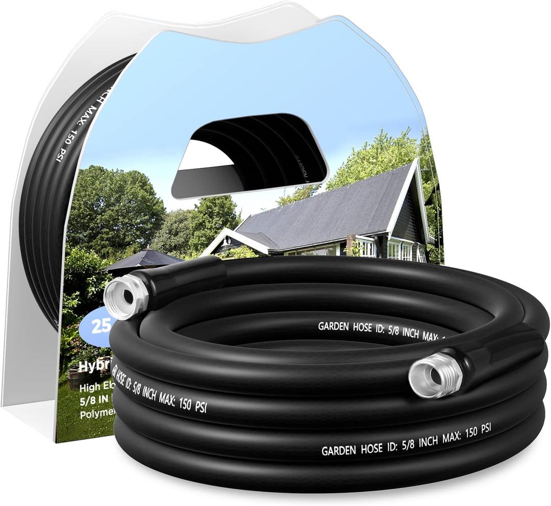 Garden Hose 25Ft x 5/8'' Water Hose, Flexible and Leakproof Hybrid Garden Hose for RV, Trailer, Patio and Outdoor (25 Ft, Black)