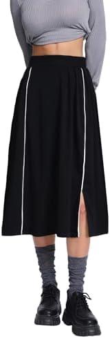 POPZONE Women's Midi Skirts Elastic High Waist A-Line Skirts Below The Knee Stretchy Solid Summer Long Skirts for Women, M