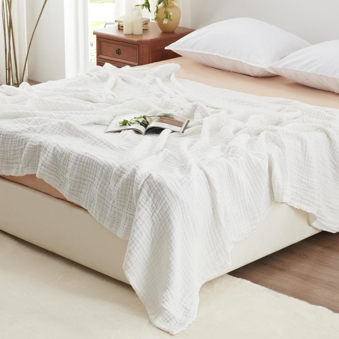 Love's cabin 6 Layer 100% Cotton Muslin Blanket, 108"x90" Muslin King Size Blanket for Bed Couch, Lightweight and Breathable Cotton Gauze for Adult, Whit