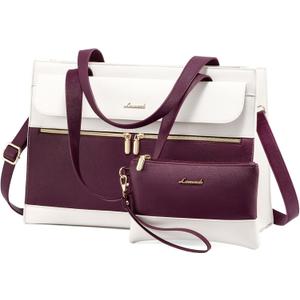 LOVEVOOK Laptop Bag Women 15.6 Inch Laptop Tote Professional Leather Computer Briefcase Waterproof Shoulder Bag Large Capacity Business Teacher Office Crossbody Purse (Purple/Beige-1)