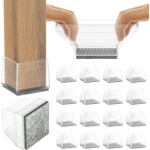 Square Chair Leg Protectors for Hardwood Floors,16 Pcs Silicone Felt Furniture Legs Caps to Prevent Floor from Scratches and Reduce Noise, Easy to Move,1.26-1.57",Clear