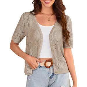 GRACE KARIN 2025 Women's Short Sleeve V Neck Cardigans Sweaters Open Front Knit Crochet Button Bolero Shrugs Tops (X-Large, Khaki)