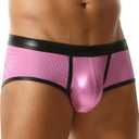 FEOYA Men's Metallic Shiny Boxer Briefs Sexy Mesh Pouch Bulge Low Rise Short Leg Trunks Hot Pants Underwear (Large, Pink)