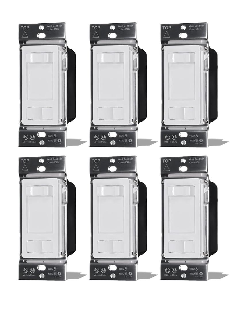 MOES Dimmer Light Switches 6pcs, 3 Way & Single Pole Dimmable Switch for LED,CFL,Incandescent,Halogen, 600Watt Max, ON/Off Switch with Dimming Slide, No Neutral Wire Required (White)