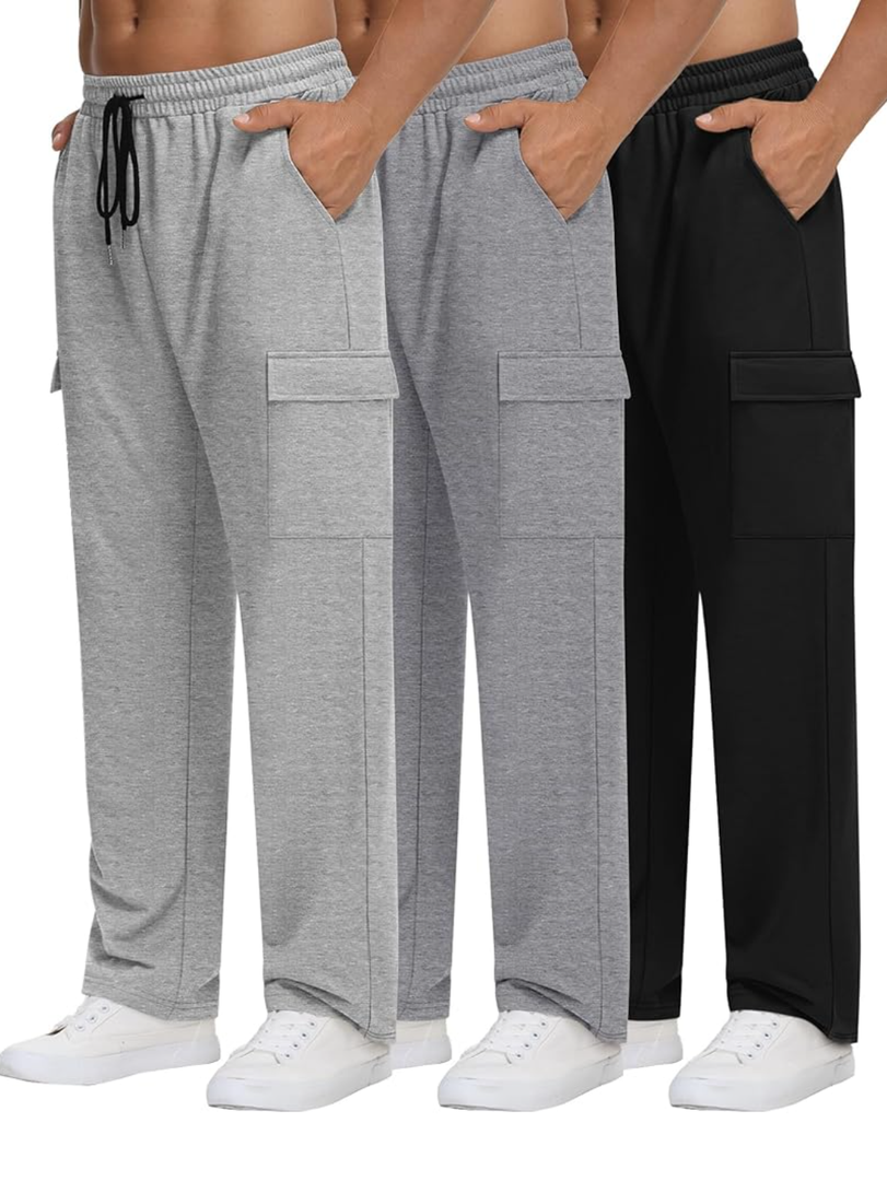 Neer 3 Pack Men's Cargo Sweatpants Baggy Open Bottom Straight Leg Drawstring Joggers Casual Lounge Pants with Pockets M