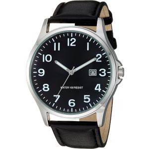 Amazon Essentials Men's Easy to Read 42mm Leather Band Analog Watch