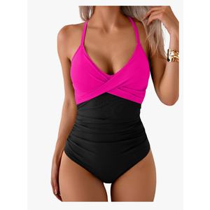 B2prity Women's One Piece Swimsuits Tummy Control Front Cross Bathing Suits Tie Back Slimming V Neck Swimwear, Size -Medium