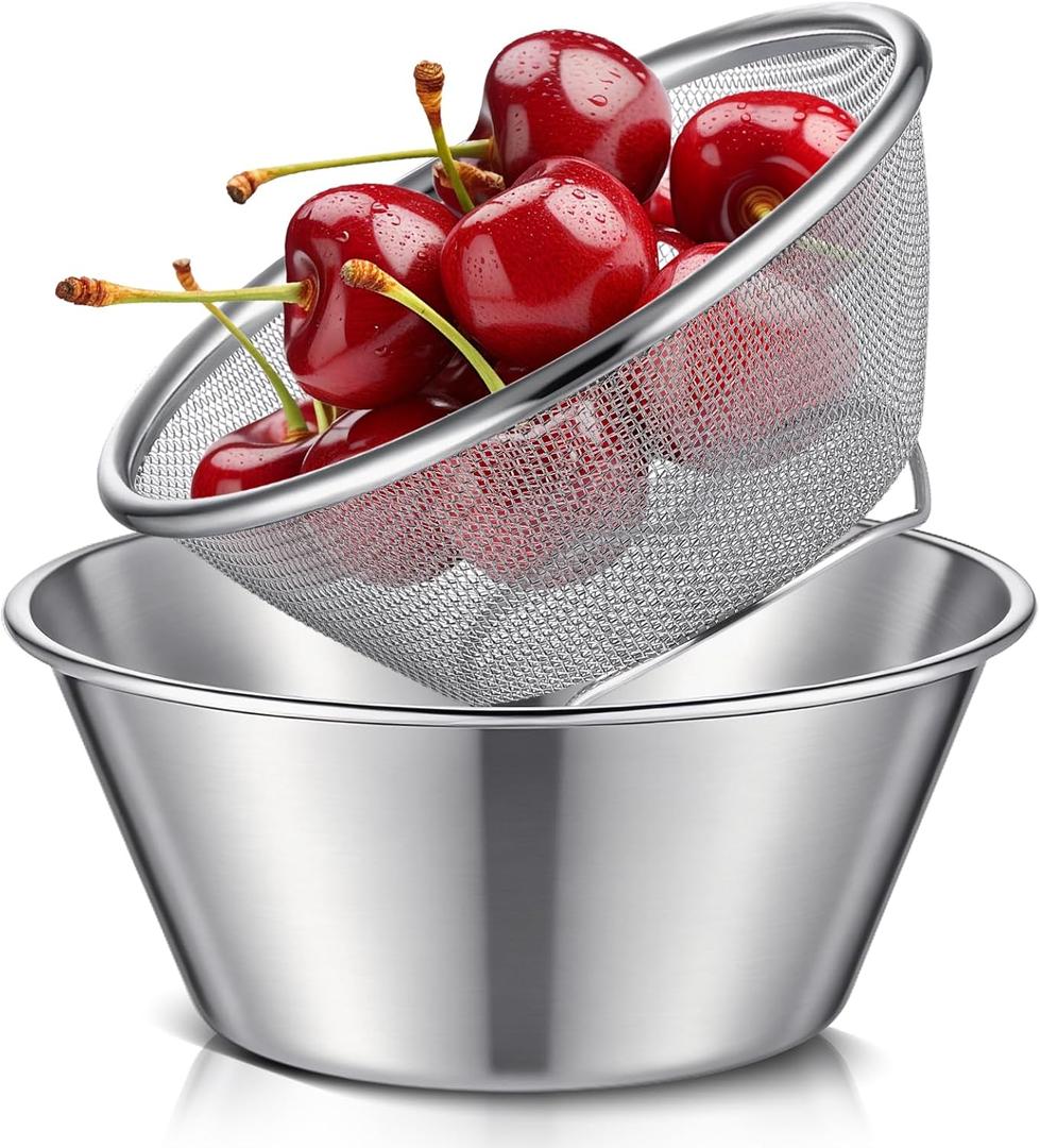 Baderke 2 Pcs Mini Colander & Food Strainer 304 Stainless Steel Small Mixing Colanders Bowl Rice Strainer for Kitchen Cooking Fruit Washing Vegetable(5.51 x 2.36 Inches,Silvery)