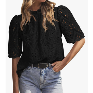 PRETTYGARDEN Womens Summer Tops 2025 Trendy Short Sleeve Eyelet Embroidered Dressy Casual Blouse Shirts Size L