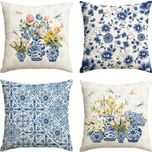 AVOIN colorlife Porcelain Vase Chinoiserie Floral Throw Pillow Covers, 18 x 18 Inch Spring Summer Flowers Cushion Case Decoration for Sofa Couch Living Room Home Decor Set of 4