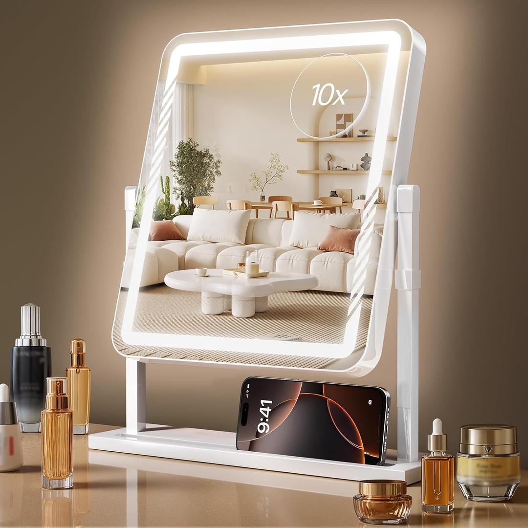 Kcavvi Makeup Mirror with Lights, Height-Adjustable & 360° Rotation, 1/ 10X Magnification, Three Color Lighting Modes, Vanity Mirror Smart Touch Control, Large Vanity Desk Mirror (17.5in, White)