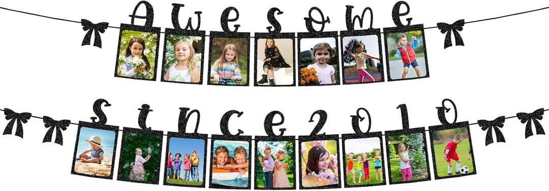 Birthday Photo Banner, Black Glitter Awesome Since 2010 Picture Bunting Banner with Bows for Sweet 16th Happy Birthday & Themed Party Decor Supplies Decorations & Photo Props