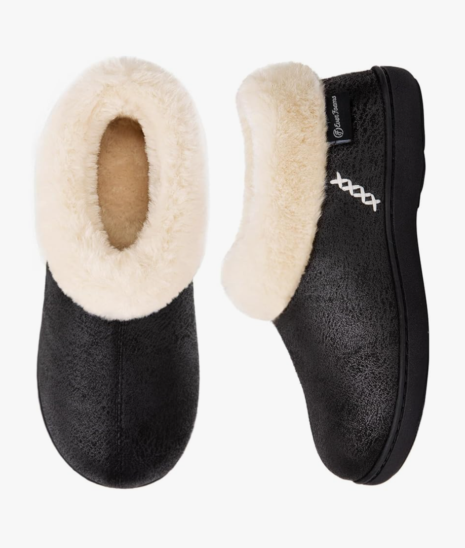 EverFoams Women's Micro Suede Cozy Memory Foam Winter Slippers with Fuzzy Faux Fur Collar and Indoor Outdoor Rubber Sole 9-10 Black
